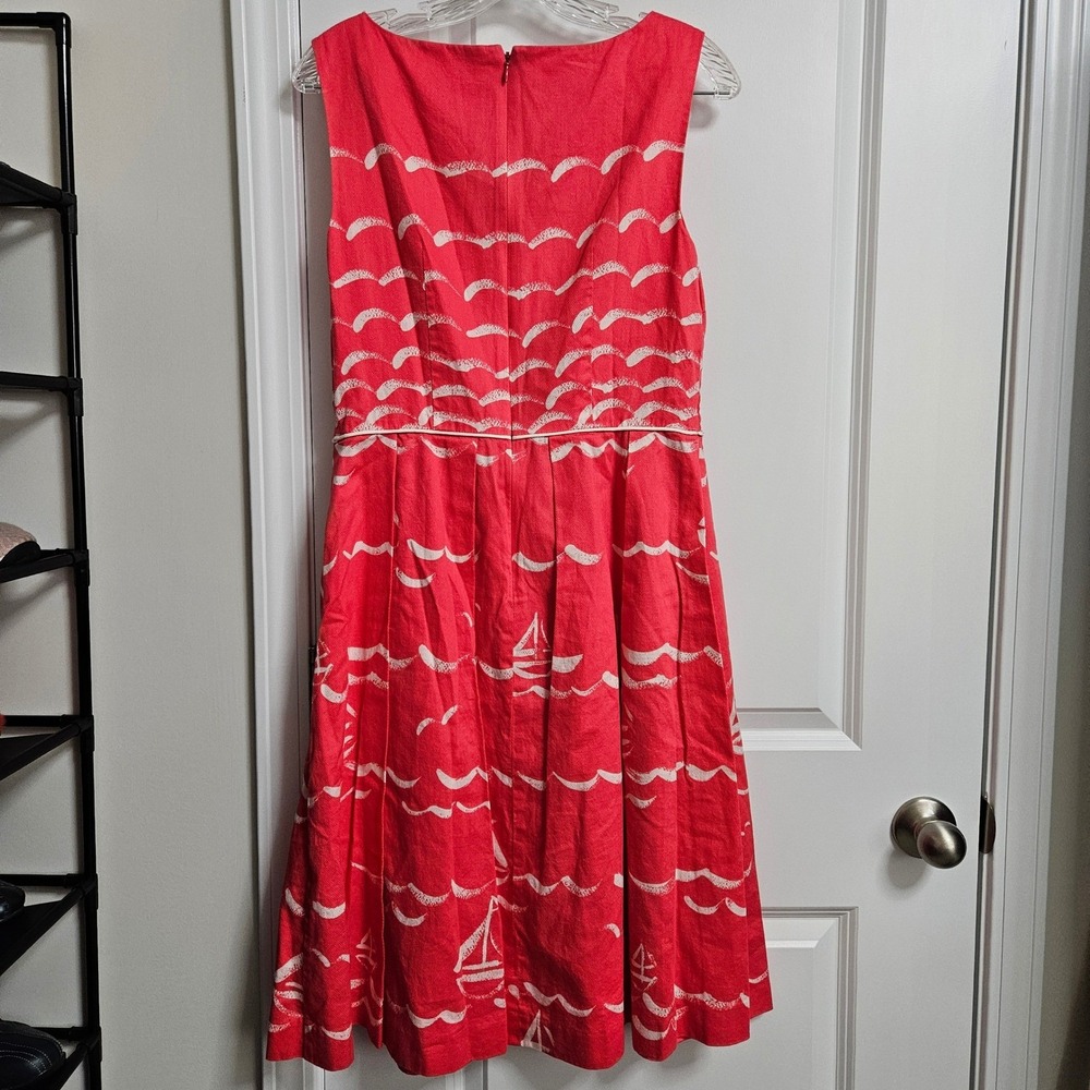 Talbots Fit & Flare Nautical Dress Women 10 Coral Sailboats Sleeveless Pockets - Picture 11 of 11